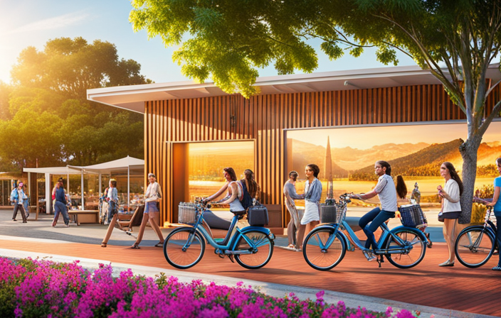 An image showcasing Silicon Valley's vibrant tech scene with a bustling street lined with sleek, futuristic electric bike shops