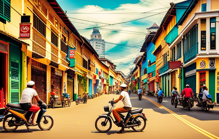 An image showcasing a bustling street in Davao, Philippines, with vibrant electric bike shops lining the road