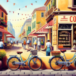 An image showcasing a vibrant city street, lined with quaint shops and bustling markets