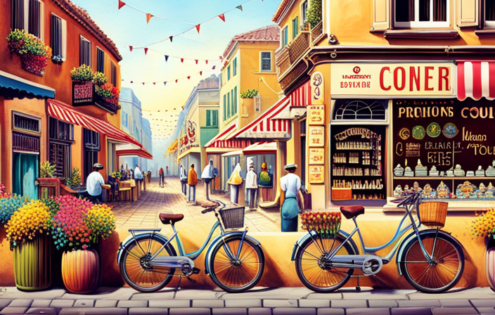 An image showcasing a vibrant city street, lined with quaint shops and bustling markets