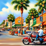 An image showcasing the vibrant streets of Sanford, FL, with a bustling market filled with diverse electric motorbikes and Brazco cars