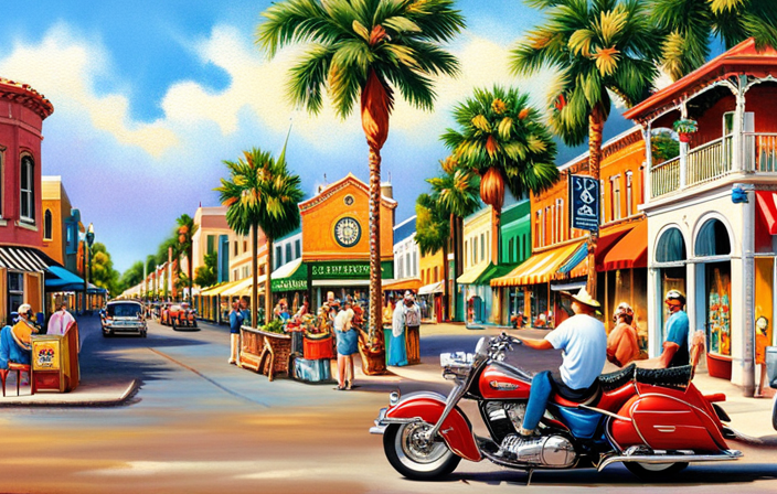An image showcasing the vibrant streets of Sanford, FL, with a bustling market filled with diverse electric motorbikes and Brazco cars
