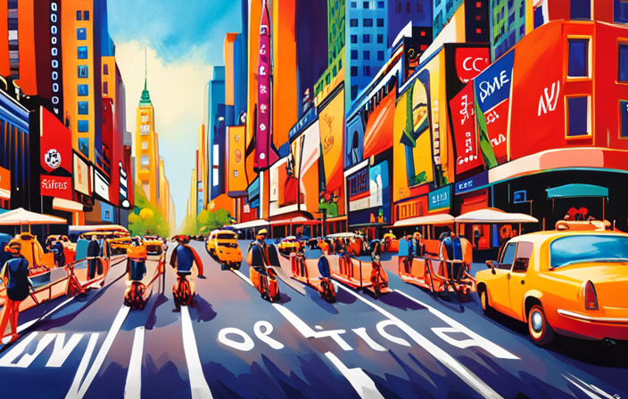 An image featuring a bustling street in New York City, with a row of trendy stores on one side, showcasing an array of electric scooters and bikes in vibrant colors, enticing passersby with their sleek designs