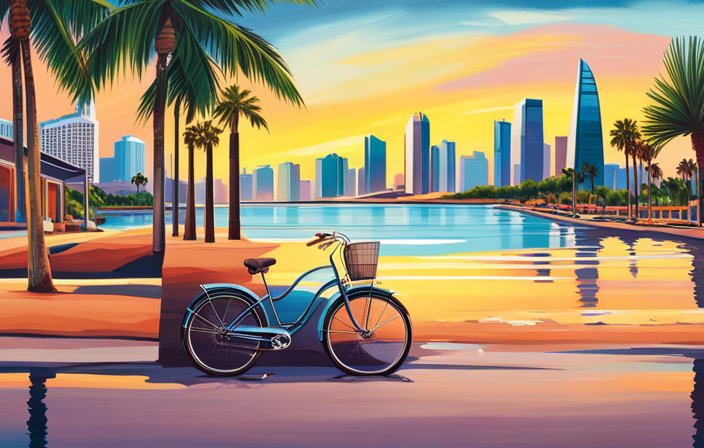 An image that showcases the vibrant cityscape of San Diego, California, with its iconic skyline, palm trees swaying in the breeze, and a sleek, stylish Juiced Electric Bike parked near the beach
