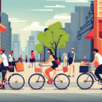 An image showcasing a bustling urban street lined with trendy bike shops, each displaying an array of sleek and stylish electric bikes