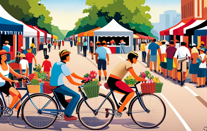 An image showcasing a bustling marketplace with a diverse array of bicycle enthusiasts of all ages, inspecting, haggling, and exchanging bikes