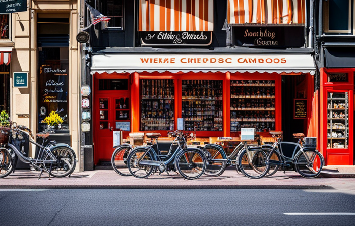 An image showcasing a bustling city street with a vibrant bike shop nestled between cafes and boutiques