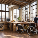 An image showcasing a picturesque San Francisco workshop bathed in natural light, filled with bike frames, tools, and skilled technicians assembling electric bikes with precision and expertise