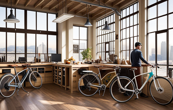 An image showcasing a picturesque San Francisco workshop bathed in natural light, filled with bike frames, tools, and skilled technicians assembling electric bikes with precision and expertise