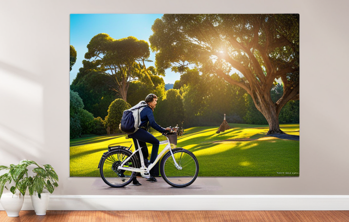 An image capturing a picturesque scene in San Francisco's Golden Gate Park, with a cyclist effortlessly assembling a sleek Sonders Electric Bike under the shade of a towering eucalyptus tree