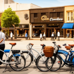 An image showcasing a bustling urban street lined with sleek, modern bicycle shops, displaying a wide array of Corratec electric bikes