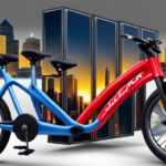 An image that captures a picturesque view of Seattle's skyline, with a vividly colored Cube electric bike parked near a local bike shop