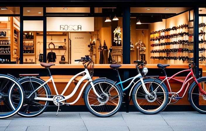 An image showcasing a vibrant city street, with a row of diverse Genata electric bikes parked neatly in front of a trendy, well-lit bike shop, displaying their sleek designs and cutting-edge technology
