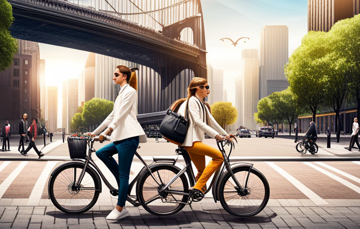 An image showcasing a vibrant urban setting; a bustling street adorned with stylish commuters effortlessly gliding on sleek PT E001 electric bikes, highlighting the city's landmarks and capturing the bike's futuristic design and eco-friendly appeal