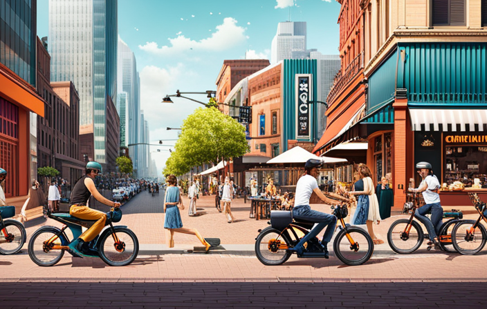 An image showcasing a bustling urban street, lined with trendy bike shops displaying a variety of Sur Ron electric bikes