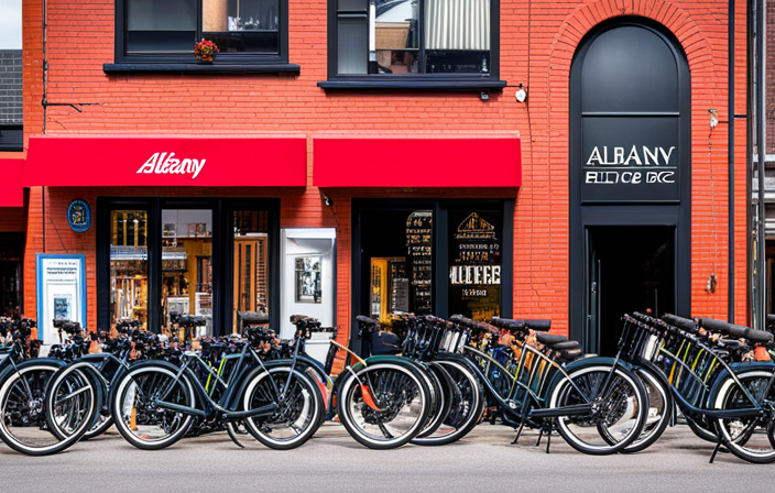 An image showcasing a vibrant street in Albany, NY, with a row of sleek electric bikes lined up in front of a specialty bike shop