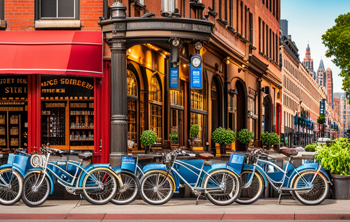 An image showcasing a vibrant street in Rochester, NY, with a row of diverse electric bikes parked in front of a specialty store