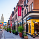 An image showcasing a vibrant street in Saint Paul, lined with specialty shops and boutiques