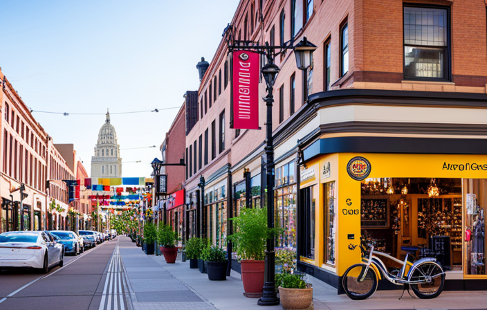 An image showcasing a vibrant street in Saint Paul, lined with specialty shops and boutiques