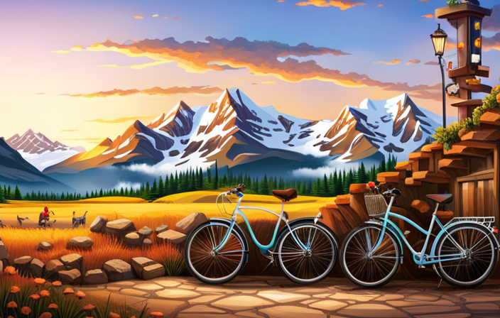 An image showcasing a bustling bike shop nestled amidst towering mountains, with rows of gleaming electric mountain bikes on display