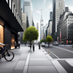 An image showcasing a sleek and futuristic urban setting, with bustling streets lined with high-end bicycle shops