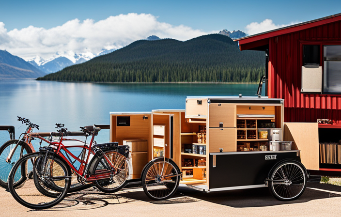 An image showcasing a diverse selection of bike trailers neatly displayed in a well-lit bike shop