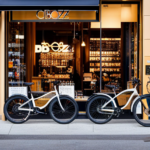 An image showcasing a bustling city street, with a vibrant bike shop prominently featuring the sleek and stylish Db0 Ez Pro Electric Bike in its storefront window, surrounded by enthusiastic customers
