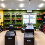 An image showcasing a vibrant, well-organized bike shop with neatly arranged shelves, displaying a wide range of Dillinger Electric Bike Batteries