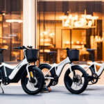 An image that depicts a bustling urban street, lined with specialized electric bike shops