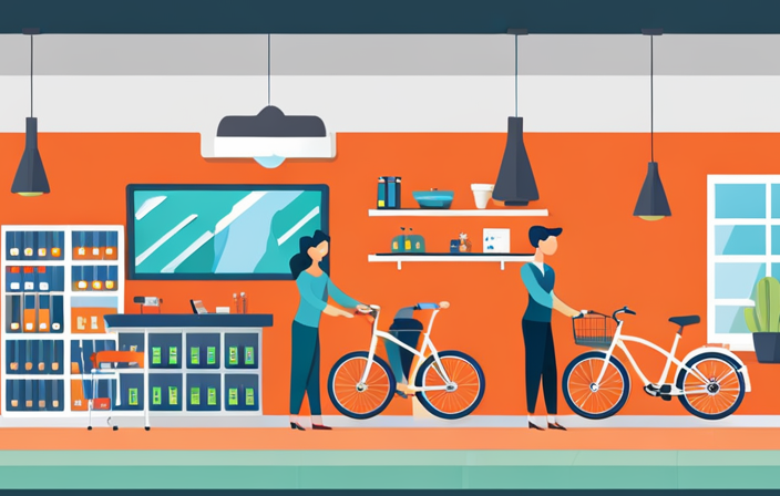 An image showcasing a well-lit, spacious electric bike shop, adorned with neatly organized shelves holding a wide range of electric bike batteries in various sizes, shapes, and colors, inviting readers to explore their options