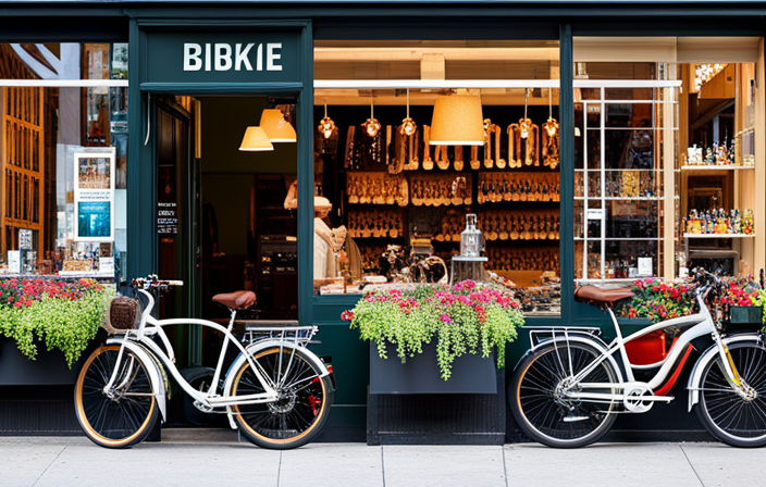 An image showcasing a vibrant, bustling city street with a bike shop prominently displaying an array of high-quality electric bike conversion kits in their storefront window, attracting the attention of curious passersby