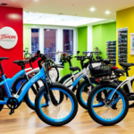 An image showcasing a vibrant and bustling bike shop, filled with rows of colorful electric bikes designed specifically for children