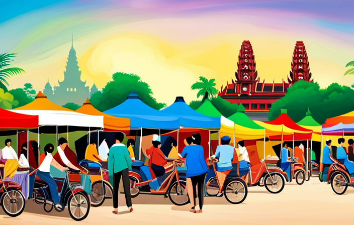 An image showcasing a vibrant Cambodian street market, brimming with colorful stalls filled with sleek, eco-friendly electric bikes