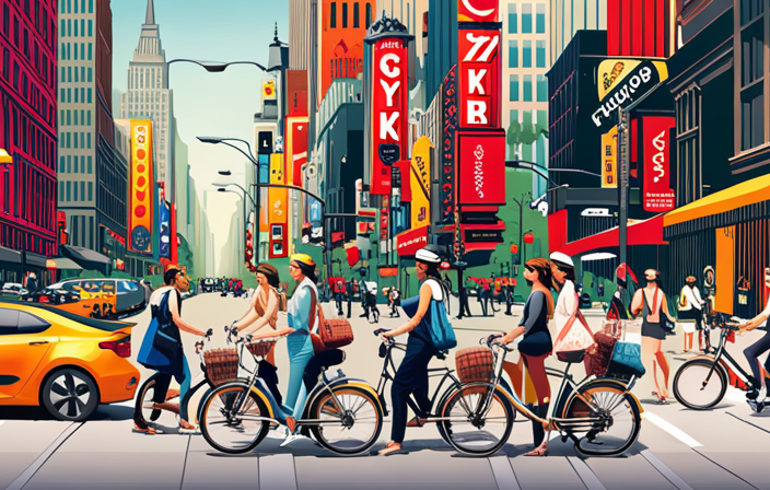 An image showcasing the bustling streets of NYC, with a diverse array of electric bikes parked in front of a specialty store