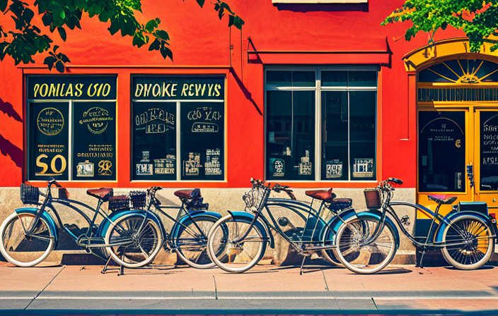 An image showcasing a vibrant Kansas City street, with a bustling local bike shop in focus