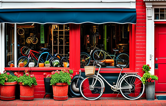 An image showcasing a vibrant Columbia, SC street scene with a modern bike shop prominently displaying a variety of electric bike wheels in their window