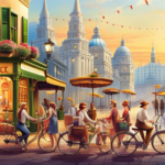 An image showcasing a bustling city street with a diverse array of shops, where an Elf Electric Bike dealership stands out adorned with vibrant banners, sleek bikes on display, and a crowd of happy customers