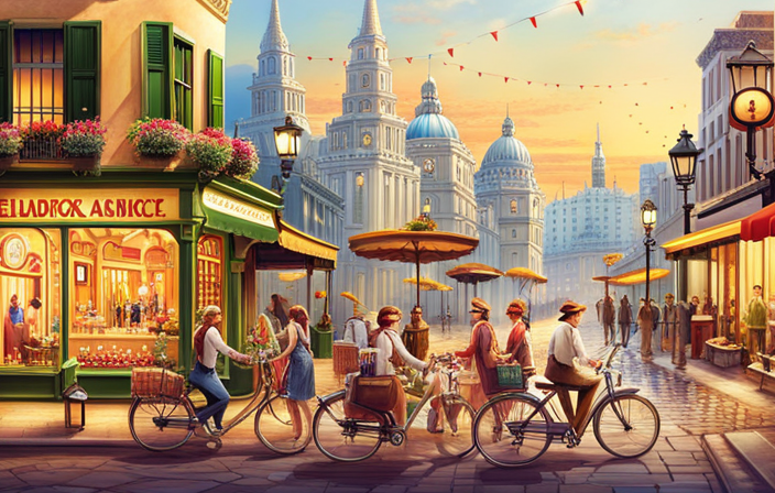 An image showcasing a bustling city street with a diverse array of shops, where an Elf Electric Bike dealership stands out adorned with vibrant banners, sleek bikes on display, and a crowd of happy customers