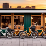 An image showcasing a vibrant city street lined with eco-friendly bike shops, each displaying a variety of sleek electric hybrid bikes