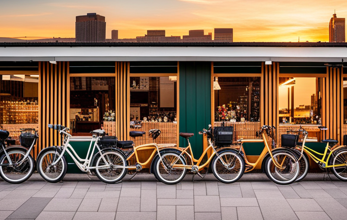 An image showcasing a vibrant city street lined with eco-friendly bike shops, each displaying a variety of sleek electric hybrid bikes