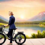 An image capturing the picturesque landscapes of Minnesota, with a stunning view of a serene lake and a cyclist riding a sleek and stylish Merax 26' Aluminum Electric Bike along a scenic trail