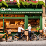 An image showcasing a bustling outdoor marketplace with a diverse range of bicycle shops, each displaying a variety of Merax 26' Aluminum Electric Bikes