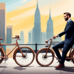 An image that showcases a bustling urban street with a vibrant bike shop in focus, displaying an array of high-quality electric bike parts like sleek batteries, powerful motors, sturdy frames, and cutting-edge accessories