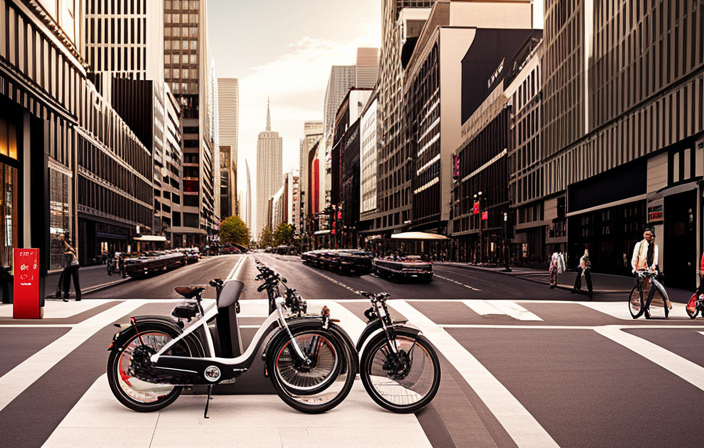 An image showcasing a bustling city street with a row of sleek, vibrant Storm Electric Bikes parked outside a specialty bike shop