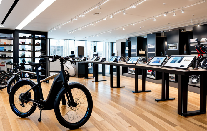 An image showcasing a bustling urban street filled with a variety of vibrant bike shops, each prominently displaying sleek Stromer electric bikes in their storefront windows