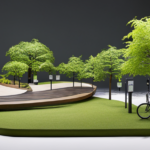 An image showcasing a serene riverside park with an electric bike charging station nestled beneath towering shade trees