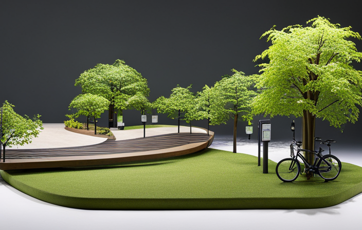 An image showcasing a serene riverside park with an electric bike charging station nestled beneath towering shade trees