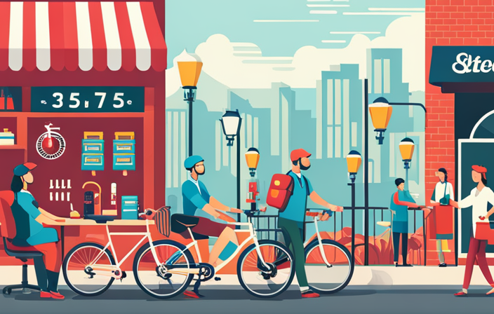 An image showcasing a bustling city street lined with specialized electric bike repair shops, each adorned with vibrant signs, tool-filled workstations, and expert technicians diligently fixing bikes with precision and care