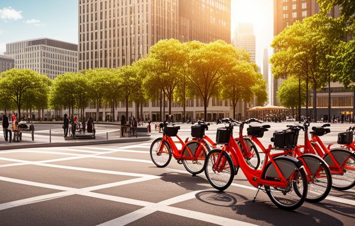 An image showcasing a bustling urban street with a vibrant bike-sharing station, featuring sleek and modern electric hybrid bikes lined up neatly