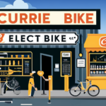 An image showcasing a bustling bike repair shop with skilled mechanics meticulously fixing a sleek, black Currie electric bike
